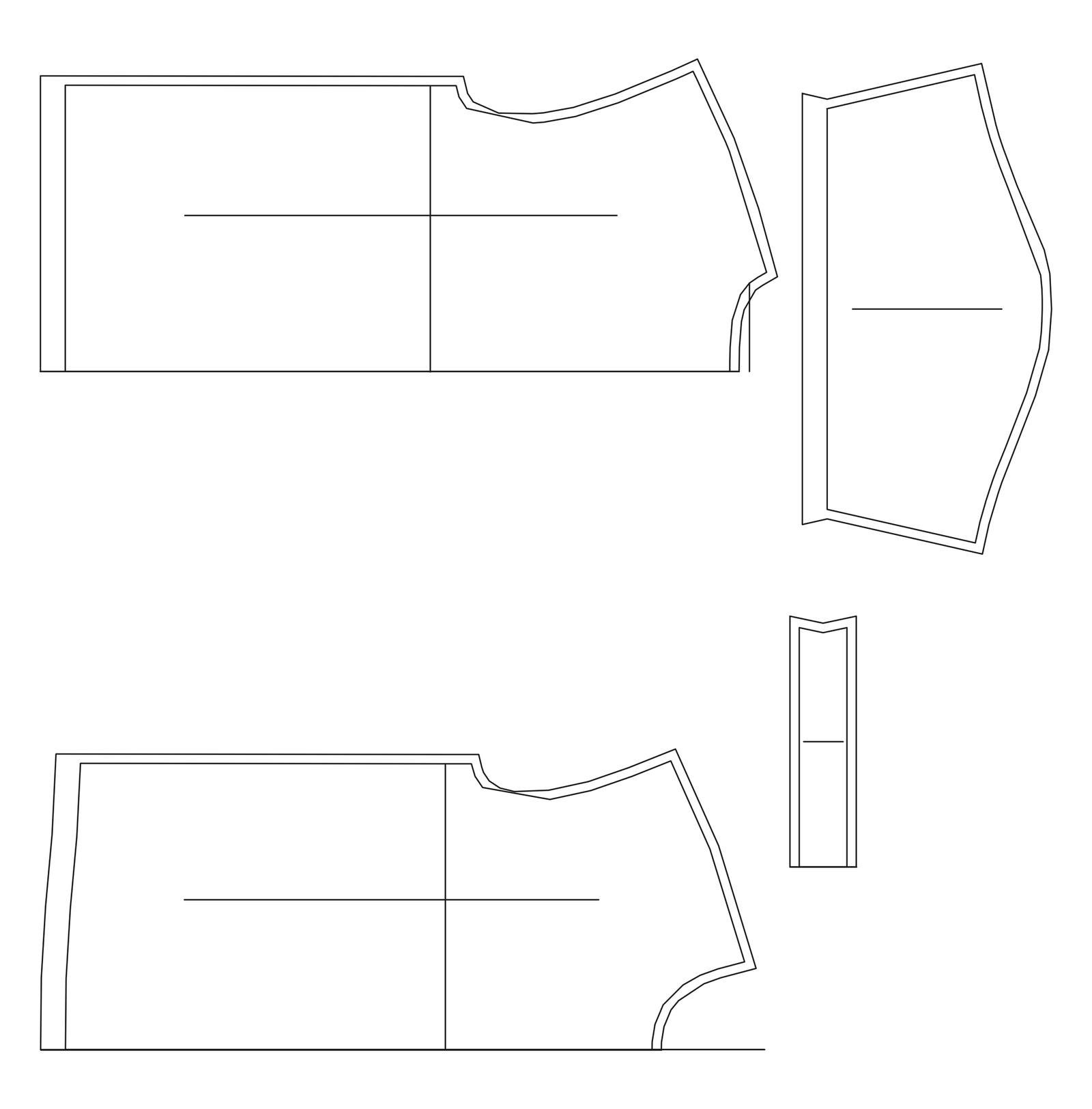 A delivered production pattern: box-fit crewneck t-shirt, four pieces with seam allowances, grainlines and notches, in AAMA/ASTM DXF-2