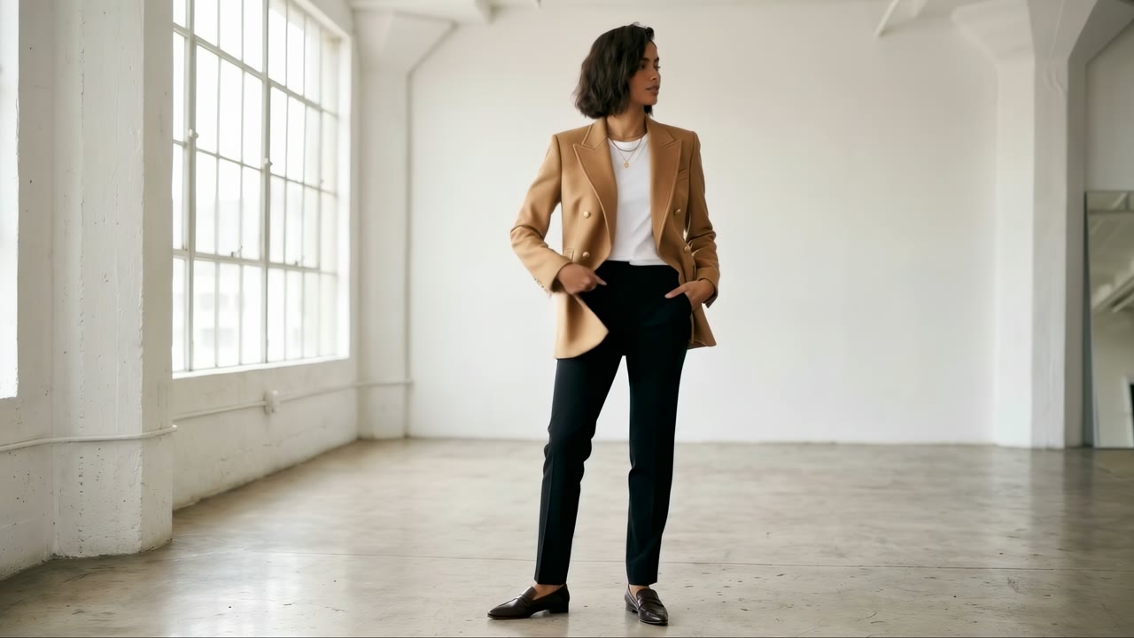 Camel double breasted blazer, a turn in the loft