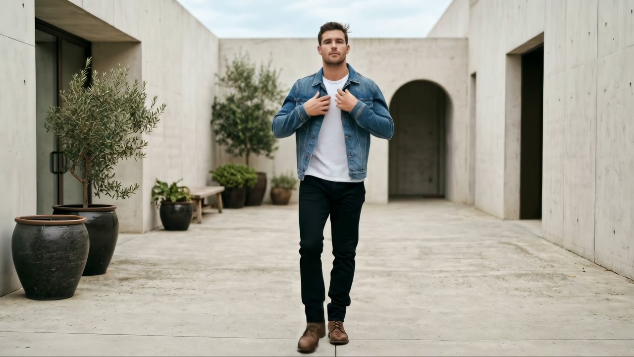Denim trucker jacket, a walk in the courtyard