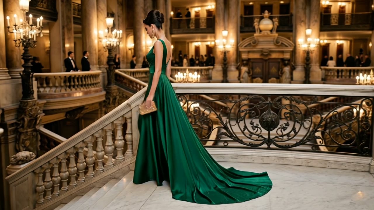 Emerald silk gown on a marble staircase