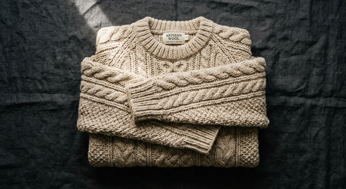 Cream cable-knit sweater laid flat on dark cloth, generated in Smasher Studio