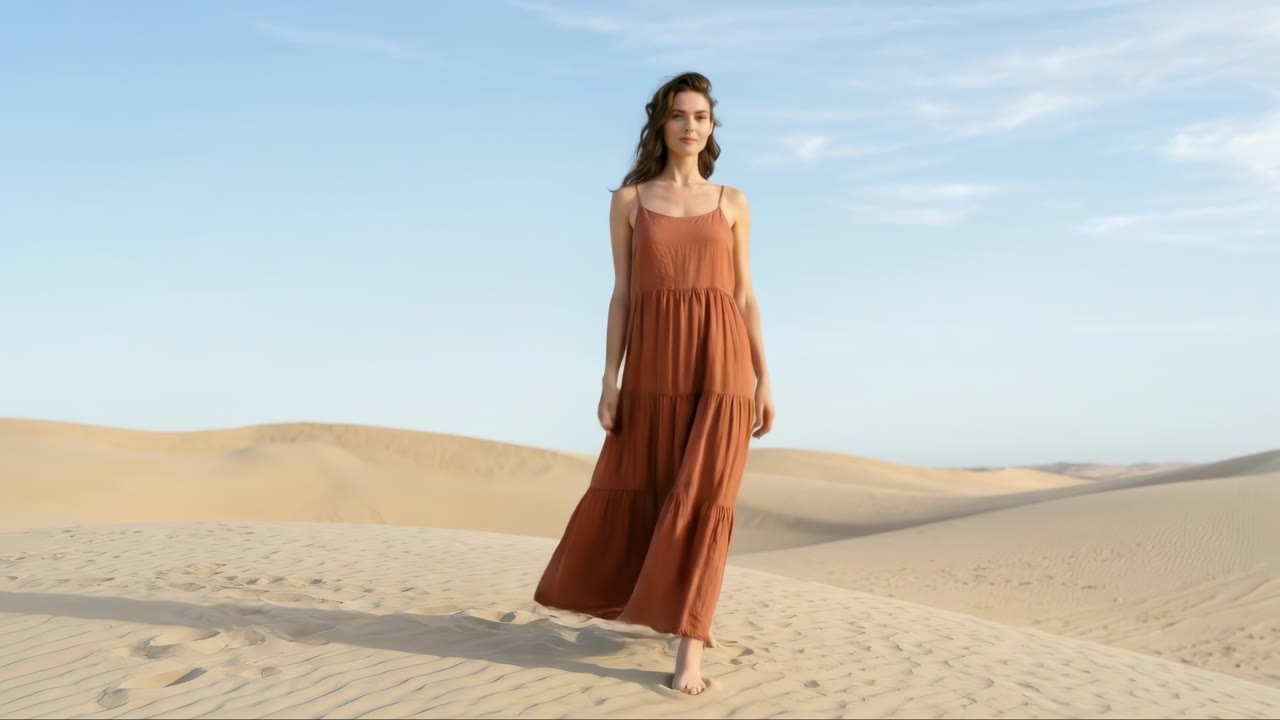 Terracotta linen maxi dress on the dunes