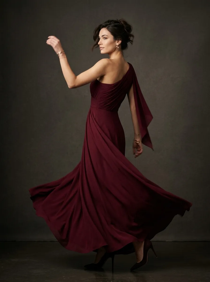 Burgundy one-shoulder gown in motion on a dark studio backdrop, generated in Smasher Studio