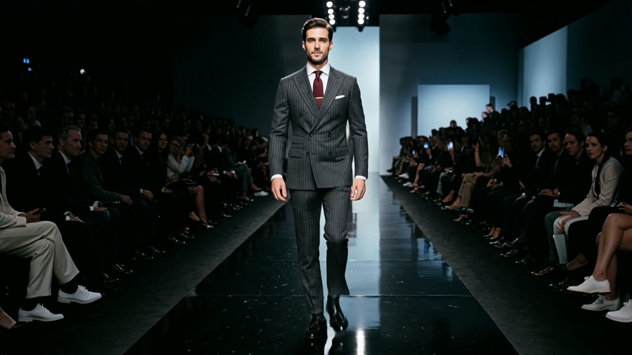 Pinstripe double breasted suit on the catwalk