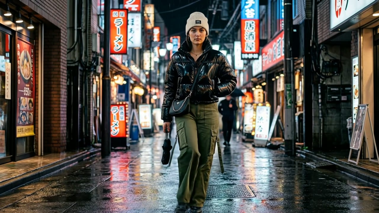 Cropped puffer jacket on a rainy night street