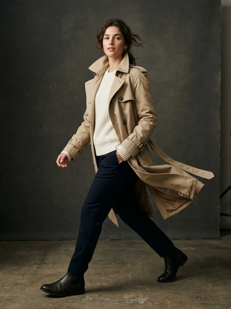 Model walking in a classic beige trench coat and dark trousers, generated in Smasher Studio