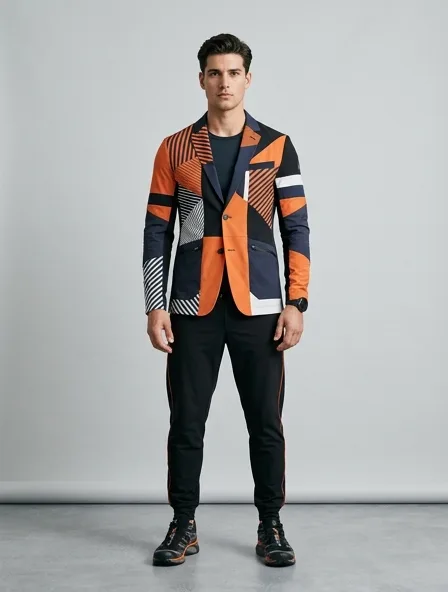 Athletic blazer on a model: technical fabrics, bold colors, dynamic silhouettes