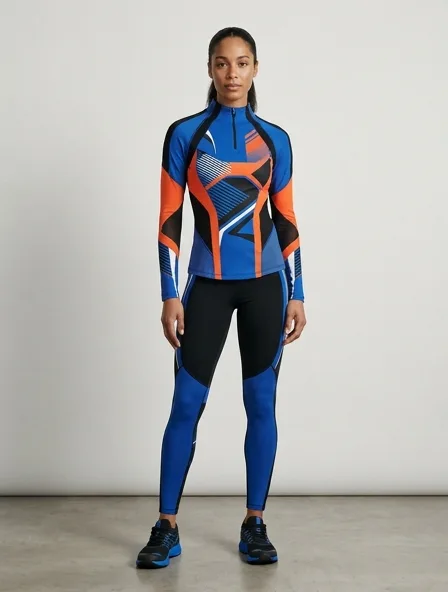 Athletic blouse on a model: technical fabrics, bold colors, dynamic silhouettes
