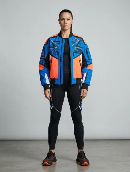 Athletic bomber jacket on a model: technical fabrics, bold colors, dynamic silhouettes