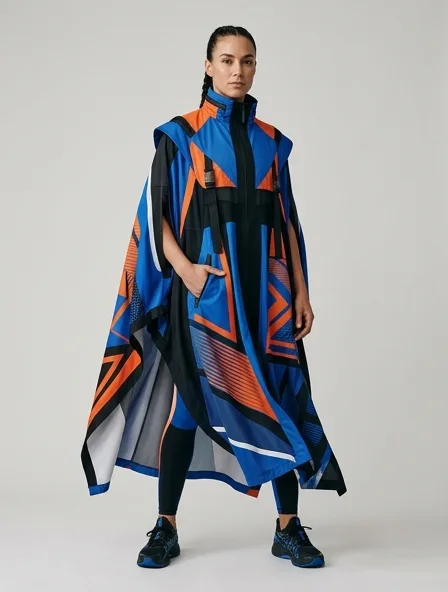 Athletic cape on a model: technical fabrics, bold colors, dynamic silhouettes