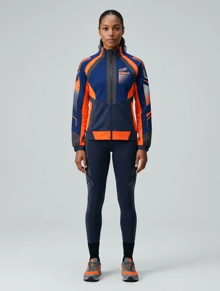 Athletic cardigan on a model: technical fabrics, bold colors, dynamic silhouettes