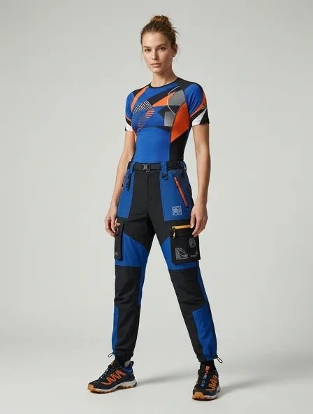 Athletic cargo pants on a model: technical fabrics, bold colors, dynamic silhouettes