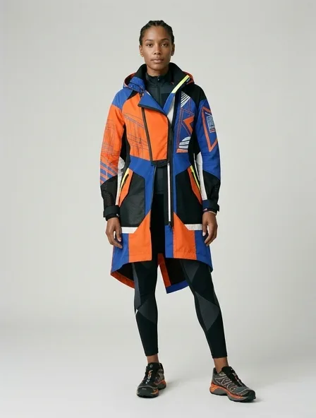 Athletic coat on a model: technical fabrics, bold colors, dynamic silhouettes