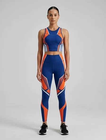 Athletic crop top on a model: technical fabrics, bold colors, dynamic silhouettes