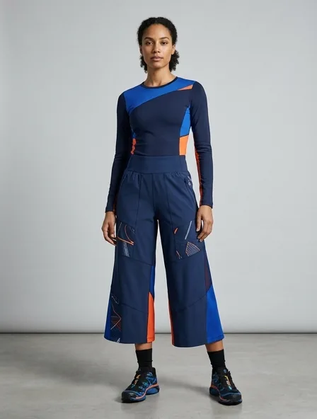 Athletic culottes on a model: technical fabrics, bold colors, dynamic silhouettes