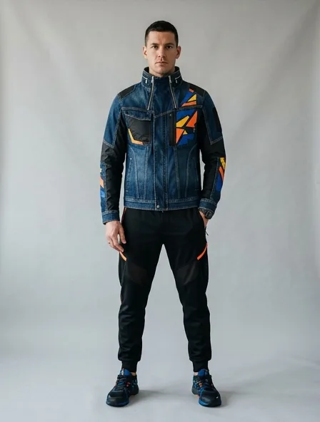 Athletic denim jacket on a model: technical fabrics, bold colors, dynamic silhouettes