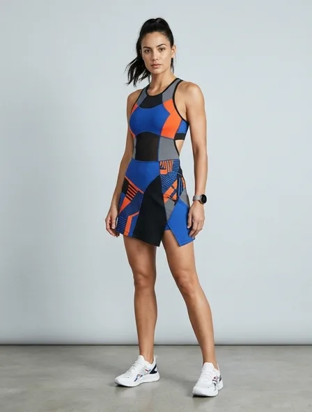 Athletic dress on a model: technical fabrics, bold colors, dynamic silhouettes