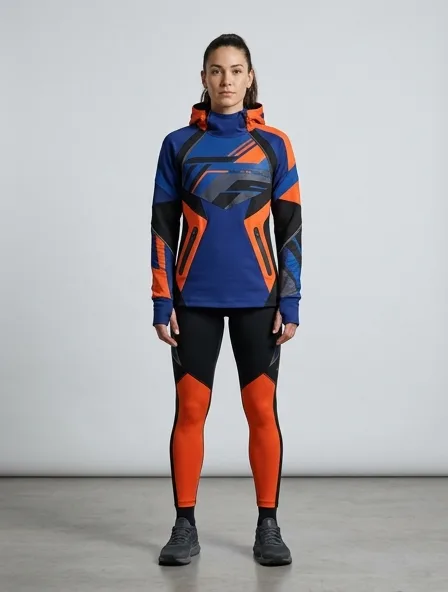 Athletic hoodie on a model: technical fabrics, bold colors, dynamic silhouettes