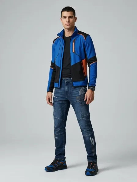 Athletic jeans on a model: technical fabrics, bold colors, dynamic silhouettes