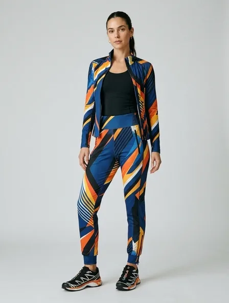 Athletic joggers on a model: technical fabrics, bold colors, dynamic silhouettes