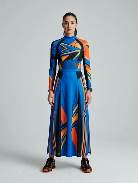 Athletic maxi dress on a model: technical fabrics, bold colors, dynamic silhouettes