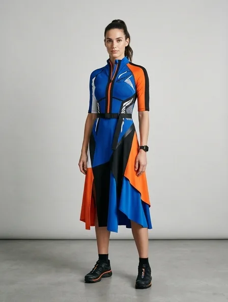 Athletic midi dress on a model: technical fabrics, bold colors, dynamic silhouettes