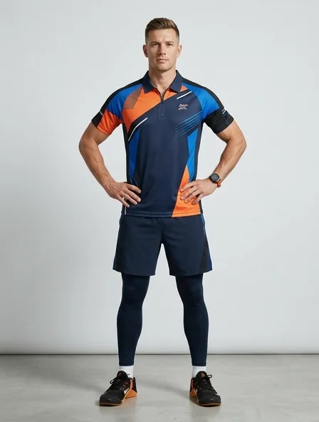Athletic polo shirt on a model: technical fabrics, bold colors, dynamic silhouettes