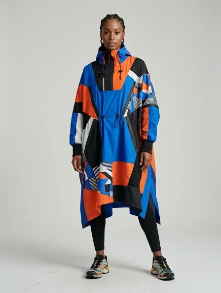 Athletic poncho on a model: technical fabrics, bold colors, dynamic silhouettes