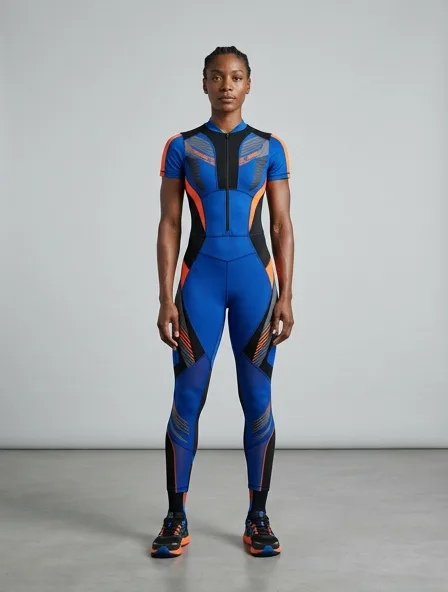 Athletic romper on a model: technical fabrics, bold colors, dynamic silhouettes