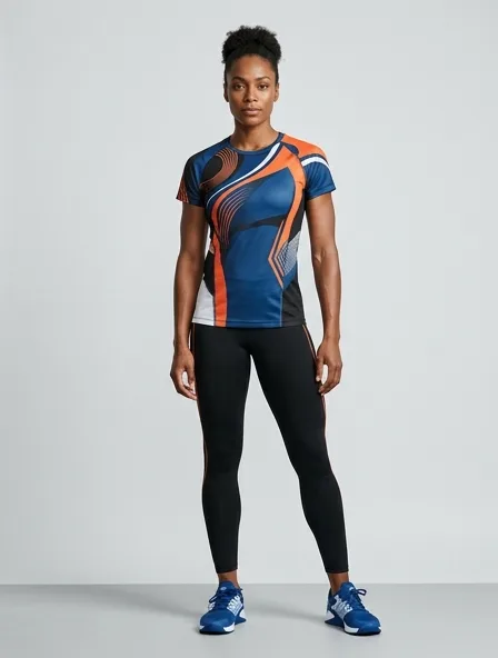 Athletic shirt on a model: technical fabrics, bold colors, dynamic silhouettes