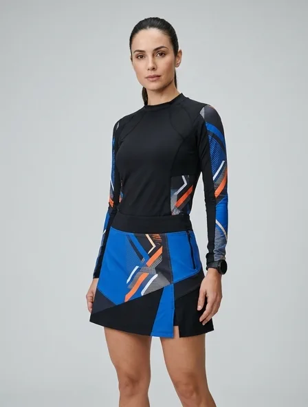 Athletic skirt on a model: technical fabrics, bold colors, dynamic silhouettes