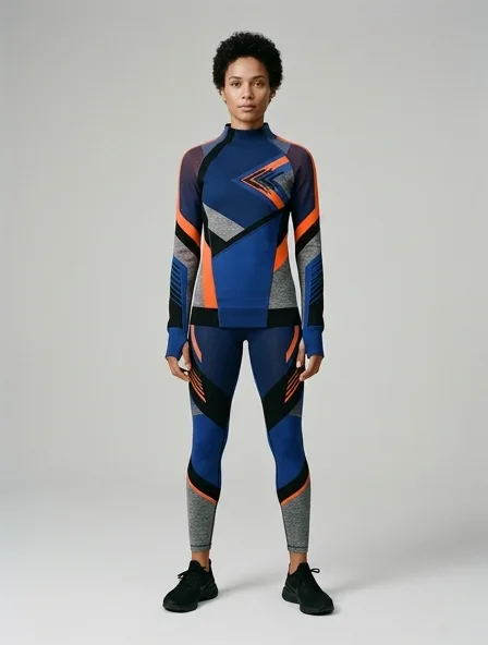 Athletic sweater on a model: technical fabrics, bold colors, dynamic silhouettes