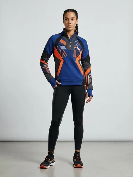 Athletic sweatshirt on a model: technical fabrics, bold colors, dynamic silhouettes