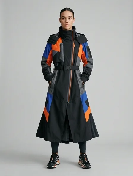 Athletic trench coat on a model: technical fabrics, bold colors, dynamic silhouettes