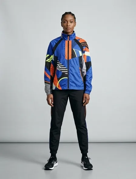 Athletic windbreaker on a model: technical fabrics, bold colors, dynamic silhouettes