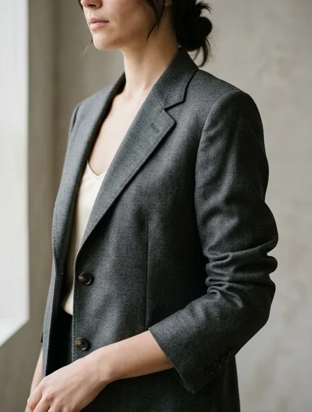 Blazer fabric close-up showing drape and texture