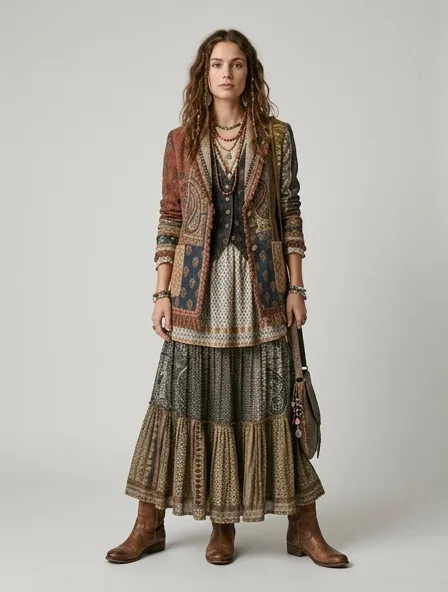 Bohemian blazer on a model: flowing, printed, layered, natural fabrics
