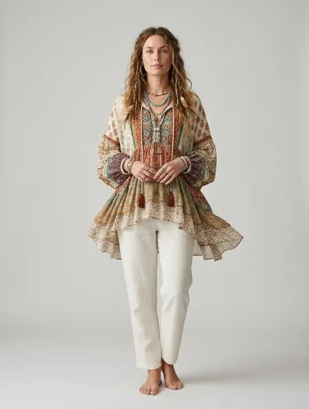 Bohemian blouse on a model: flowing, printed, layered, natural fabrics