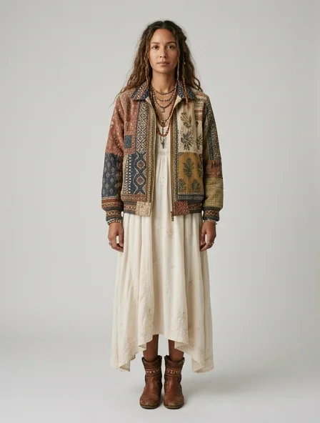Bohemian bomber jacket on a model: flowing, printed, layered, natural fabrics