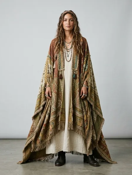 Bohemian cape on a model: flowing, printed, layered, natural fabrics