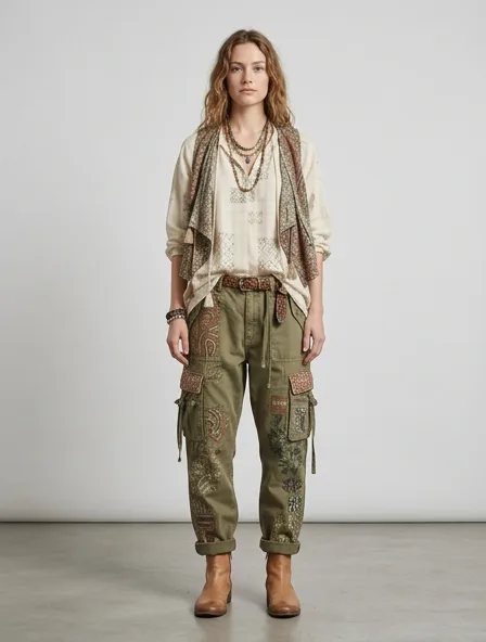 Bohemian cargo pants on a model: flowing, printed, layered, natural fabrics