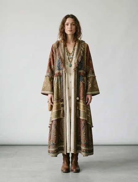 Bohemian coat on a model: flowing, printed, layered, natural fabrics