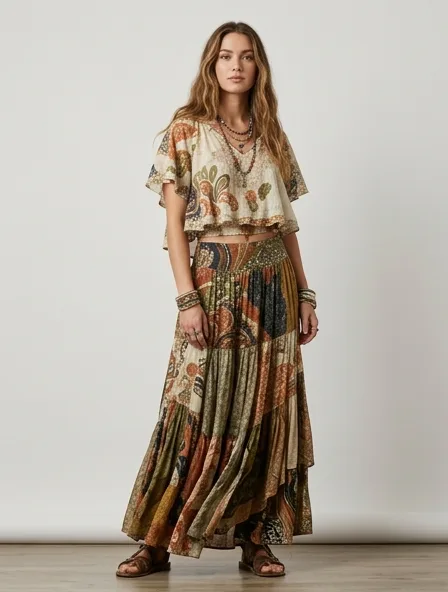 Bohemian crop top on a model: flowing, printed, layered, natural fabrics