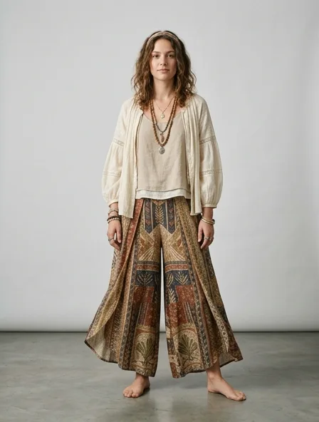 Bohemian culottes on a model: flowing, printed, layered, natural fabrics