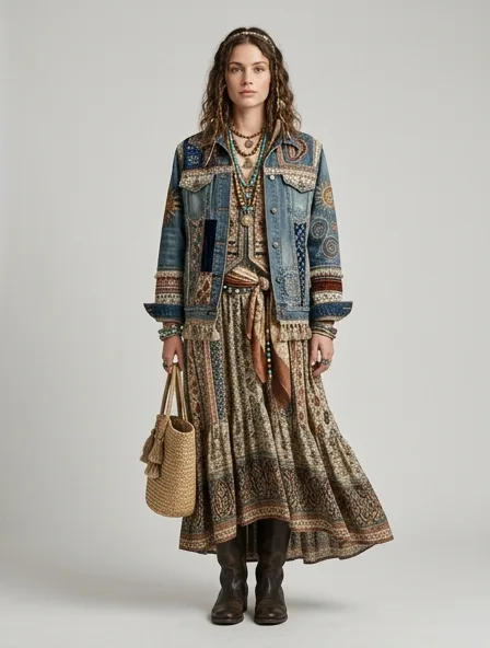Bohemian denim jacket on a model: flowing, printed, layered, natural fabrics