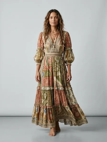 Bohemian gown on a model: flowing, printed, layered, natural fabrics