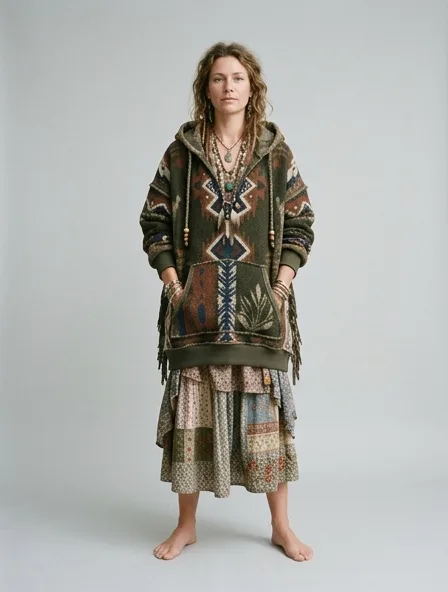Bohemian hoodie on a model: flowing, printed, layered, natural fabrics