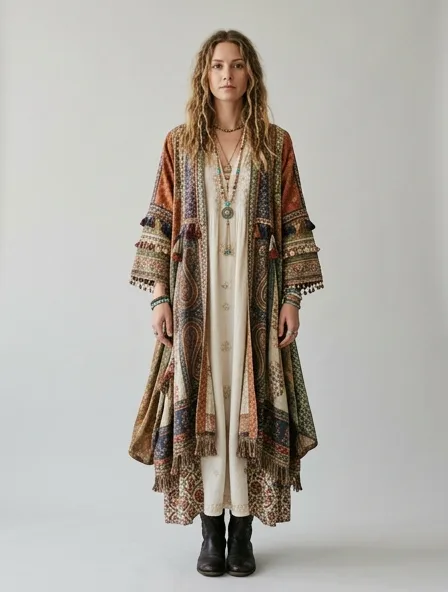 Bohemian jacket on a model: flowing, printed, layered, natural fabrics