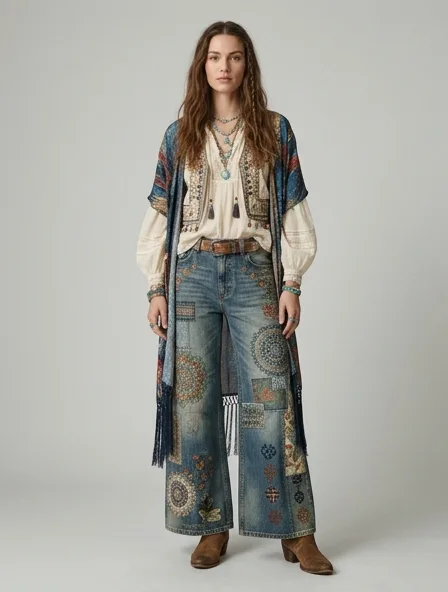Bohemian jeans on a model: flowing, printed, layered, natural fabrics