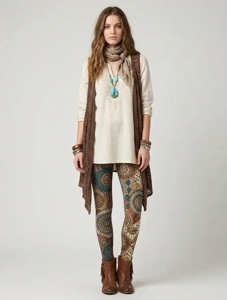 Bohemian leggings on a model: flowing, printed, layered, natural fabrics